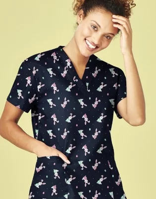 Womens Easter V-Neck Short Sleeve Scrub Top
