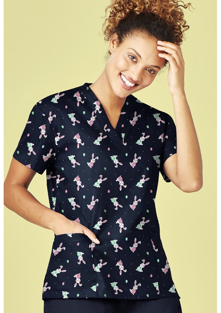 Womens Easter V-Neck Short Sleeve Scrub Top