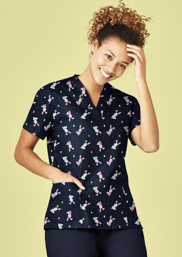 Womens Easter V-Neck Short Sleeve Scrub Top