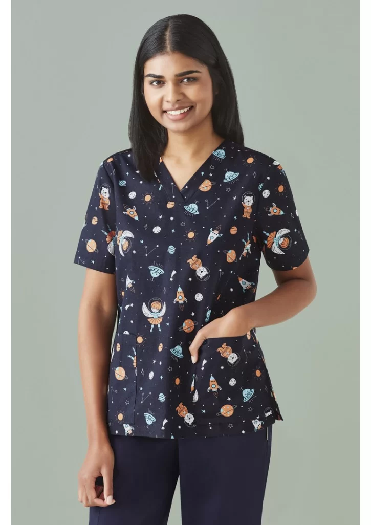 Womens Printed Space Party Scrub Top