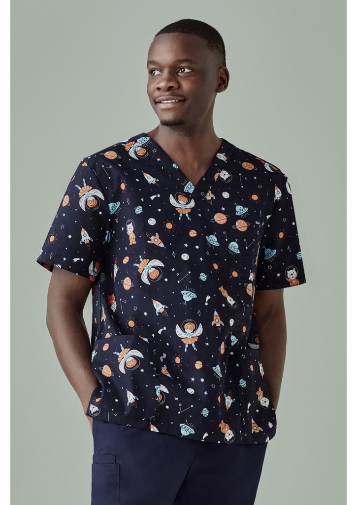 Mens Printed Space Party Scrub Top